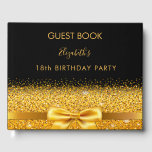 18th birthday party black gold bow glam sparkle guest book<br><div class="desc">Elegant, classic, glamourous and feminine. A faux gold coloured ribbon with a bow with golden faux glitter and sparkle, a bit of bling and luxury. A guestbook for a 18th birthday party. The name is written with golden trendy hand lettered style script. Black background. Spine: template for your own text....</div>