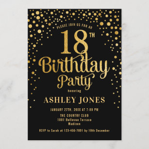 18th Birthday Party - Black & Gold Invitation