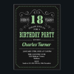 18th Birthday Party - Black Green Invitation<br><div class="desc">18th Birthday Party Invitation.
Elegant black,  green white retro design with chalkboard pattern and script font. Cheers to 18 years! Message me if you need further customization.</div>