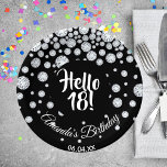18th birthday party black hello 18 diamonds name paper plate<br><div class="desc">An elegant and glamourous black and white paper plate for a 18th birthday party for a girl. A chic black coloured background.  A black coloured circle with modern hand lettered style text: Hello 18! Faux diamonds as decoration.  Template for a name and a date,  curved text.</div>