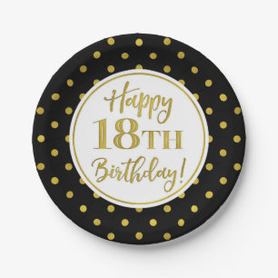 18th Birthday Party Black White Gold Dots Paper Plate