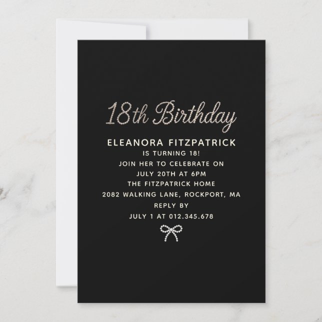 18th Birthday Party Black White Pearl Script Bow Invitation (Front)