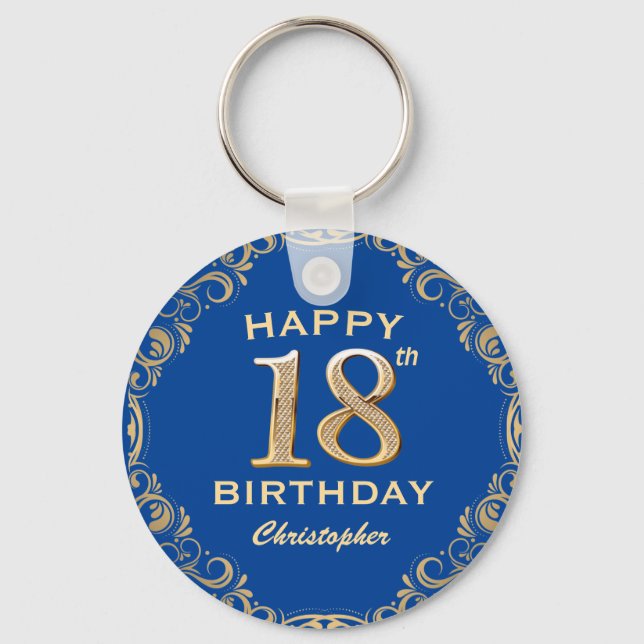 18th Birthday Party Blue and Gold Glitter Frame Keychain (Front)