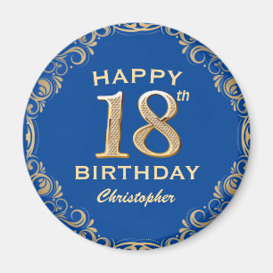 18th Birthday Party Blue and Gold Glitter Frame Magnet