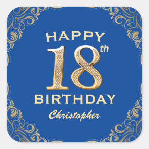 18th Birthday Party Blue and Gold Glitter Frame Square Sticker