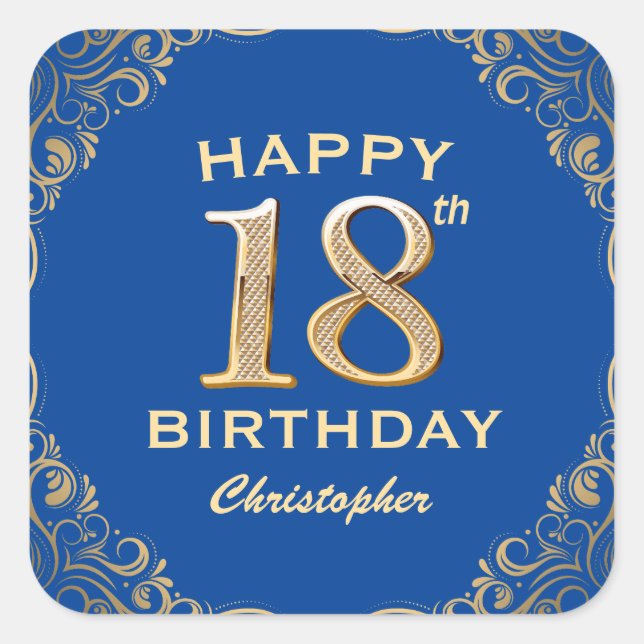 18th Birthday Party Blue and Gold Glitter Frame Square Sticker (Front)