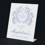 18th Birthday Party Blue Floral Crest Welcome Pedestal Sign<br><div class="desc">An elegant French vintage blue floral crest takes centre stage on this timeless birthday welcome sign. Ornate,  formal and very feminine will make any birthday lady feel very special. Coordinating party supplies are available.</div>