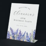 18th Birthday Party Blue July Birth Flower Welcome Pedestal Sign<br><div class="desc">Elegant summer watercolor blue larkspur flowers create a beautiful floral border at the bottom of this birthday party welcome sign,  larkspur or delphinium flowers are the July birth flower. A trendy font combination gives it a modern aesthetic. All of the text is editable.</div>
