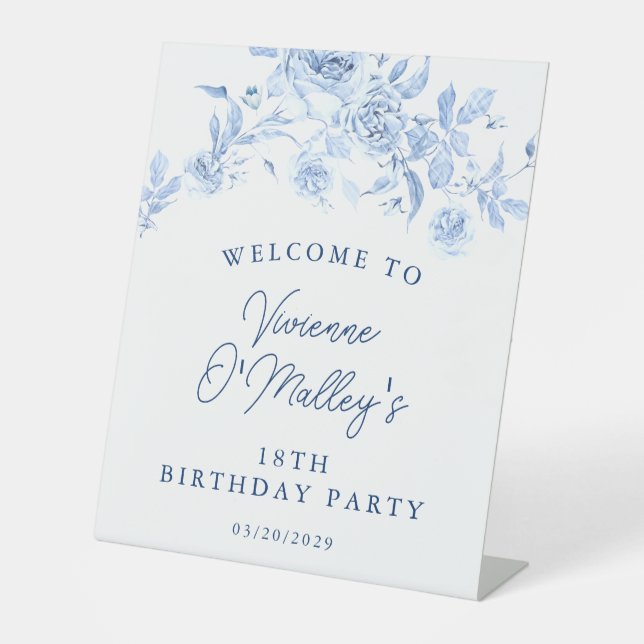 18th Birthday Party Blue Rose Floral Welcome Pedestal Sign (Front)