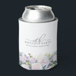 18th Birthday Party Blue White Floral Custom Can Cooler<br><div class="desc">Elegant white rose and blue wildflower floral arrangement decorates the bottom of this 18th birthday party personalized can cooler. 18th is written in a modern script font. The remainder of the text is a spacious serif.</div>