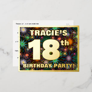 18th Birthday Party: Bold, Colorful Fireworks Look Foil Invitation Postcard