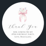 18th Birthday Party Bow Custom Thank You Favour Classic Round Sticker<br><div class="desc">Thank your guests for coming to your birthday party with this personalized thank you favour sticker.  It features a blush pink coquette bow accented with pink and blue wildflowers. Thank you is written in a lovely open script. Three lines let you customize your appreciation. All text is editable.</div>