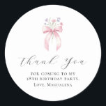 18th Birthday Party Bow Custom Thank You Favour Classic Round Sticker<br><div class="desc">Thank your guests for coming to your birthday party with this personalized thank you favour sticker.  It features a blush pink coquette bow accented with pink and blue wildflowers. Thank you is written in a lovely open script. Three lines let you customize your appreciation. All text is editable.</div>