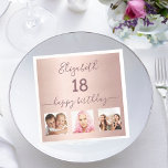 18th birthday party custom photo rose gold pink napkin<br><div class="desc">For a 18th birthday party. A collage of 3 of your photos of herself, friends, family, interest or pets. A girly, feminine rose gold, pink gradient background colour. Personalize and add her name and age 18. The text: happy birthday is written with a trendy hand lettered style script with swashes....</div>