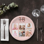18th birthday party custom photo rose gold pink paper plate<br><div class="desc">For a 18th birthday party, celebrating her life with a collage of 6 of your own photos. Personalize and add a name, age 18 and a date. Date of birth or the date of the party. Dark rose gold and black coloured letters. A trendy rose gold, blush pink coloured background....</div>