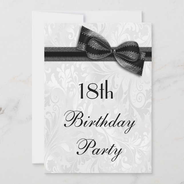 18th Birthday Party Damask and Faux Bow Invitation (Front)