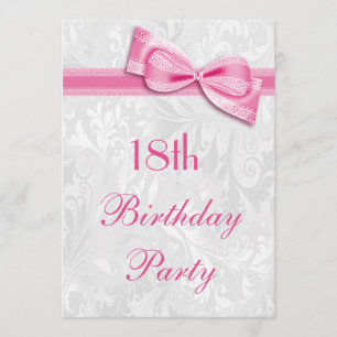18th Birthday Party Damask and Pink Faux Bow Invitation