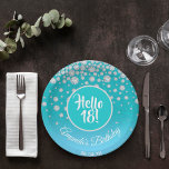 18th birthday party diamonds teal blue glitter paper plate<br><div class="desc">An elegant and glamourous paper plate for a 18th birthday party for a girl. A chic teal, green and light blue ombre faux glitter coloured background. A teal coloured circle with modern hand lettered style text: Hello 18! Faux diamonds as decoration. Template for a name and a date, curved text....</div>