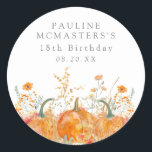18th Birthday Party Fall Pumpkin Wildflower Custom Classic Round Sticker<br><div class="desc">Fall pumpkins are nestled in delicate golden yellow and orange wildflowers to create an elegant aesthetic. All of the text is editable so you can easily craft your own special mood.</div>
