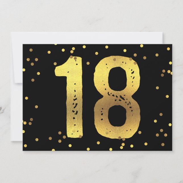 18th Birthday Party Faux Gold Foil Confetti Black Invitation (Front)