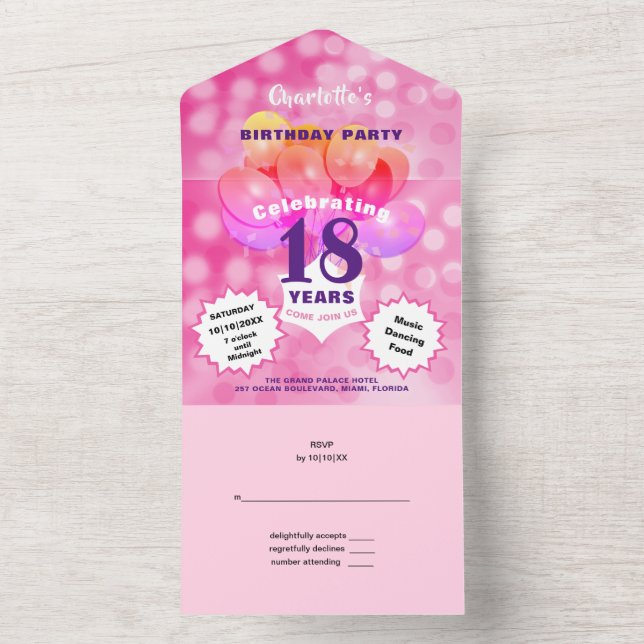 18th Birthday Party Glam Sparkle Glitz Pink All In One Invitation (Inside)