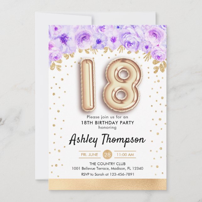 18th Birthday Party - Gold Balloons Purple Invitation (Front)