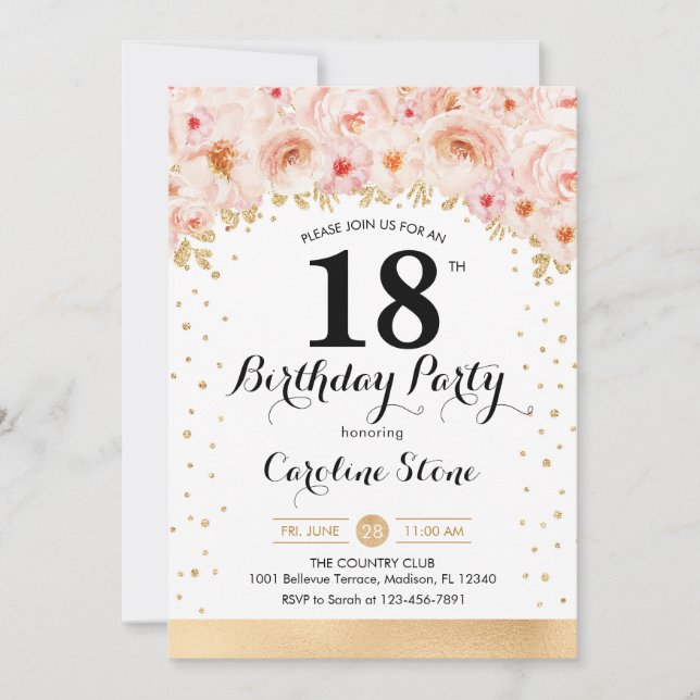 18th Birthday Party - Gold Flowers Invitation (Front)