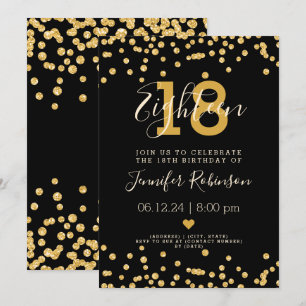 18th Birthday Party Gold Glam Glitter Lights Black Invitation