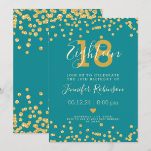 18th Birthday Party Gold Glam Glitter Lights Teal  Invitation