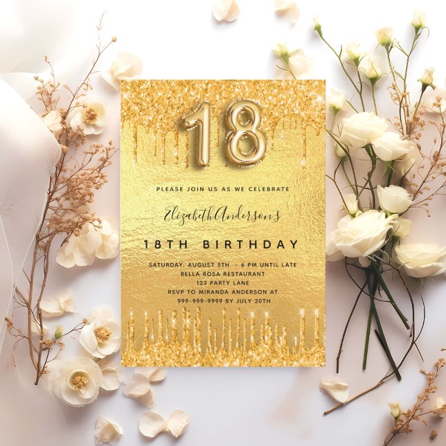18th birthday party gold glitter drips invitation (Creator Uploaded)
