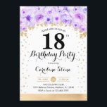 18th Birthday Party - Gold Purple Flowers Invitation<br><div class="desc">18th birthday party invitation. Elegant design in faux glitter gold with floral accent. Invite card with script font and confetti. Pastel purple and white. Perfect for a stylish thirtieth bday celebration. Message me if you need custom age.</div>