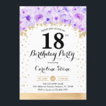 18th Birthday Party - Gold Purple Flowers Invitation<br><div class="desc">18th birthday party invitation. Elegant design in faux glitter gold with floral accent. Invite card with script font and confetti. Pastel purple and white. Perfect for a stylish thirtieth bday celebration. Message me if you need custom age.</div>