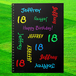 18th Birthday Party Guest Book, Repeat Name Black Notebook<br><div class="desc">What a wonderful, personalized Spiral Notebook Guest Book for an 18th birthday party or any other occasion. On the cover, Name and Age repeats in different fonts and primary colors on a black background. Easy to personalize - just CHANGE NAME, AGE, and OCCASION in ONE PLACE. Supports name up to...</div>