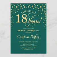 18th Birthday Party Invitation - Gold Green