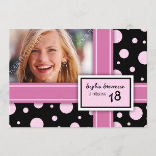 18th Birthday Party Invitation Pink Black Dots