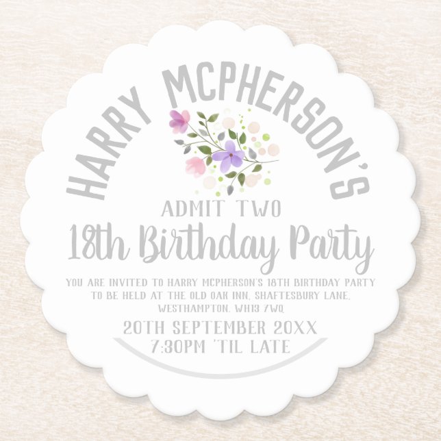 18th Birthday Party Invitation Ticket Paper Coaster (Front)