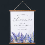18th Birthday Party July Birth Flower Welcome Hanging Tapestry<br><div class="desc">Elegant summer watercolor blue larkspur flowers create a beautiful floral border at the bottom of this birthday party welcome sign,  larkspur or delphinium flowers are the July birth flower. A trendy font combination gives it a modern aesthetic. All of the text is editable.</div>