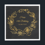 18th Birthday Party Luxe Gold Rose Black Cocktail Napkin<br><div class="desc">Elegant rose gold floral 18th birthday paper napkins feature pretty script calligraphy surrounded by a lush gold rose wreath. The roses pop against the black background. You can actually change the background colour to any colour. All of the text can be edited. This item is part of the Luxe Gold...</div>