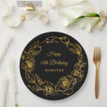 18th Birthday Party Luxe Gold Rose Floral Black Paper Plate<br><div class="desc">Elegant rose gold floral 18th birthday paper plate features pretty script calligraphy surrounded by a luxe gold rose wreath. The roses look beautiful with the dramatic black background. You can actually change the background colour to any colour. All of the text can be edited. This item is part of the...</div>