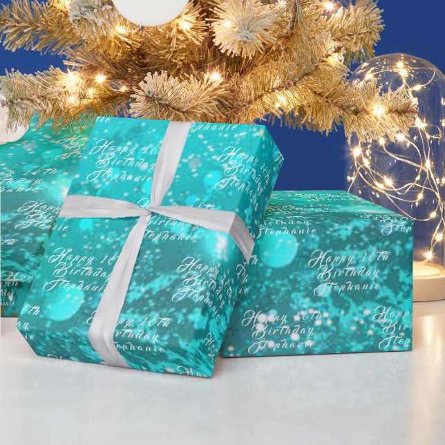 18th Birthday Party Name Teal Aqua Turquoise  Wrapping Paper (Holidays)