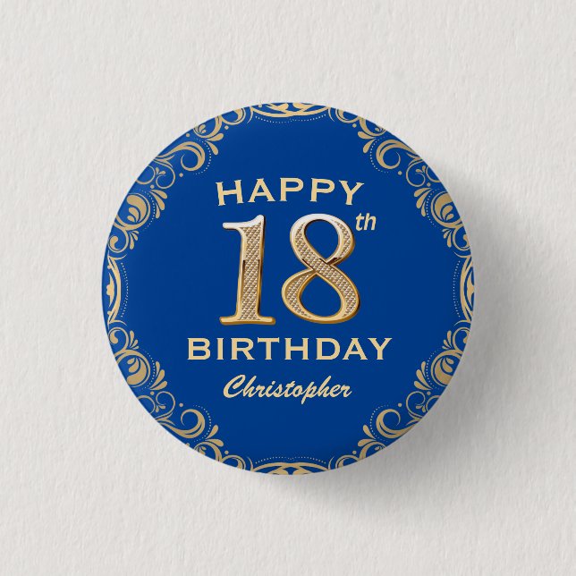 18th Birthday Party Navy Blue and Gold Glitter 1 Inch Round Button (Front)