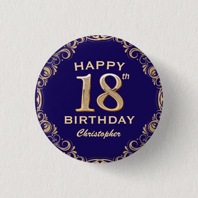 18th Birthday Party Navy Blue and Gold Glitter 1 Inch Round Button (Front)