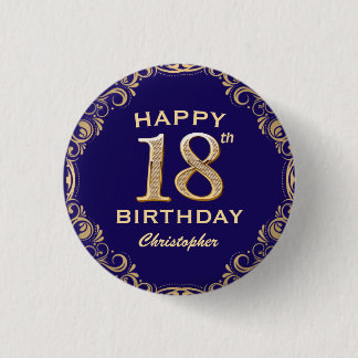 18th Birthday Party Navy Blue and Gold Glitter 1 Inch Round Button