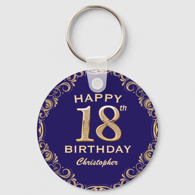 18th Birthday Party Navy Blue and Gold Glitter Keychain (Front)