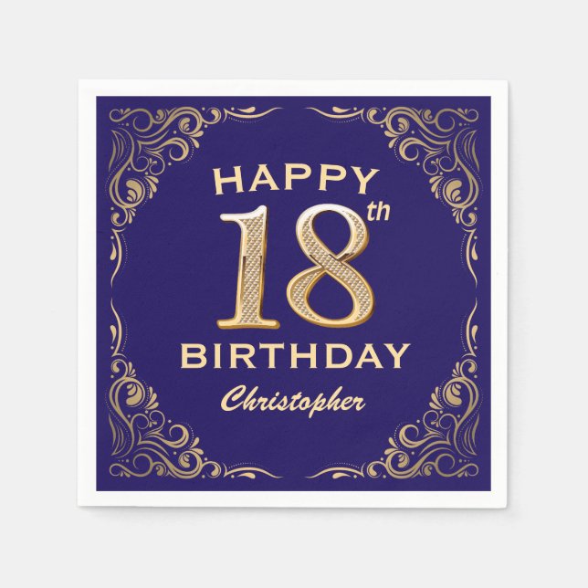 18th Birthday Party Navy Blue and Gold Glitter Napkin (Front)