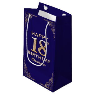 18th Birthday Party Navy Blue and Gold Glitter Small Gift Bag