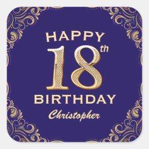 18th Birthday Party Navy Blue and Gold Glitter Square Sticker