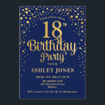 18th Birthday Party - Navy & Gold Invitation<br><div class="desc">18th Birthday Party Invitation.
Elegant design in navy blue and faux glitter gold. Features stylish script font and confetti. Message me if you need custom age.</div>