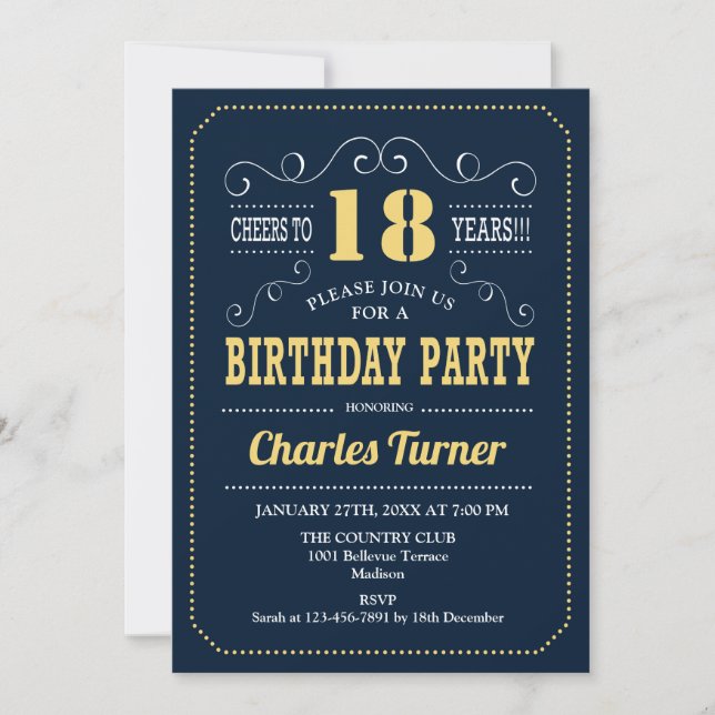 18th Birthday Party - Navy Gold Invitation (Front)
