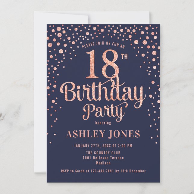 18th Birthday Party - Navy & Rose Gold Invitation (Front)